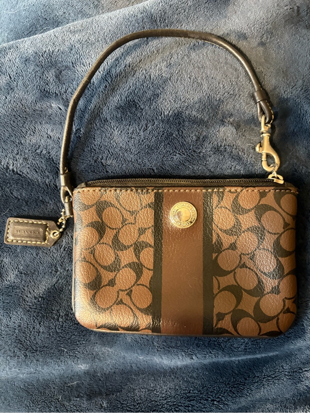 Coach Brown Signature Canvas Wristlet with Dark Brown Stripe